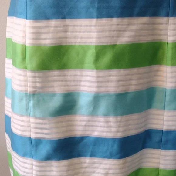 Lilly Pulitzer Silk Blend, Striped Blue, White and Green Sheath Dress, Size 14 - Picture 5 of 14